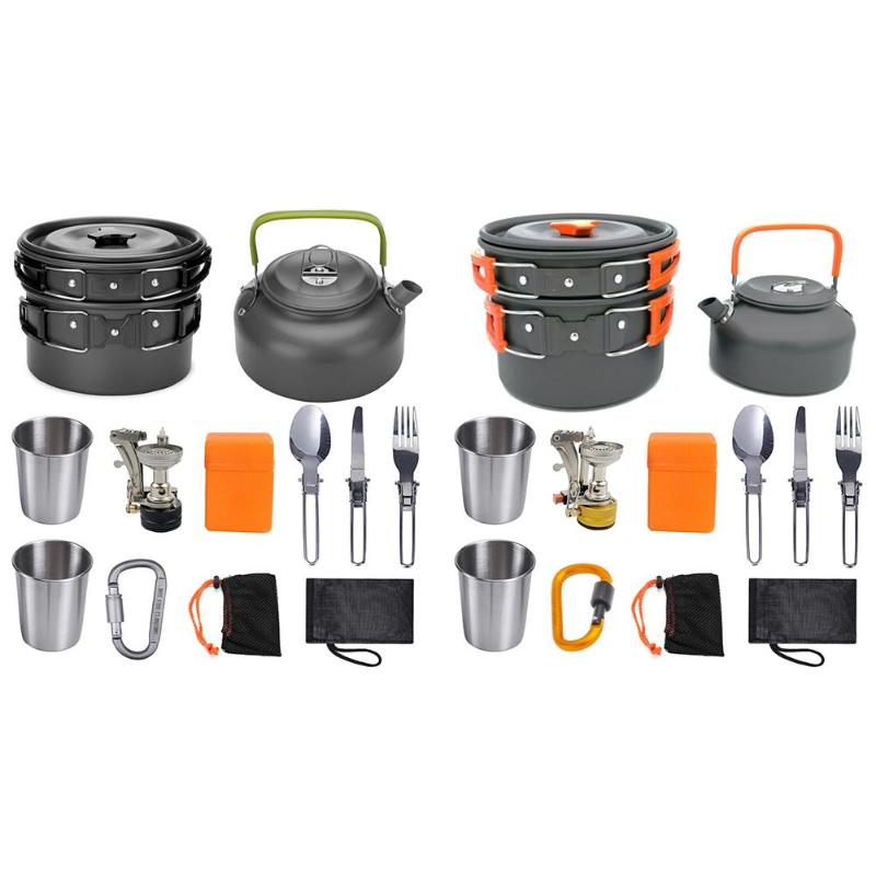 Outdoor Camping Kookgerei Set Servies Picknick Koken Pan Koekenpan Waterkoker Theepot Vork Lepel Water Cup Snijplank Picknick Gereedschap