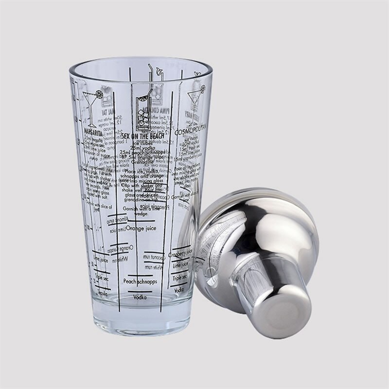 400ml Mix Master Glass Recipe Cocktail Shaker with Measurement Stainless Steel Bar And Glass Bar Tools