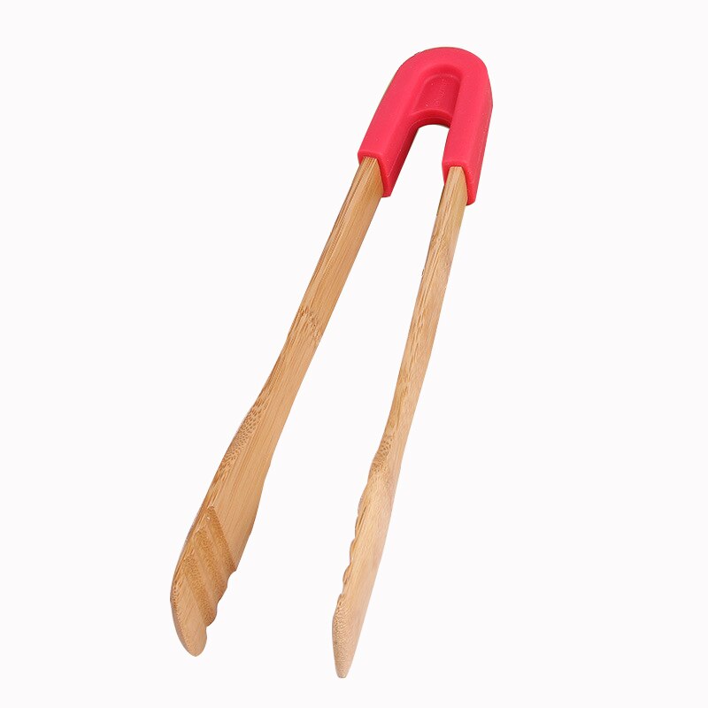 Wooden Salad Cake Snack Clip Bamboo Food Toaster Tongs Silicone Handle Bread BBQ Tongs Kitchen Tools Clamp Cooking Utensils: Red (Square)