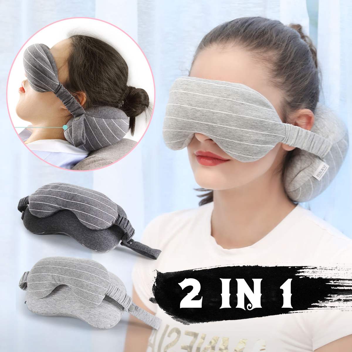 2 in 1 Multi-Function Travel Neck Pillow Eye Mask Storage Bag Portable Handle Adjustable Washable Pillow for Airplane Office
