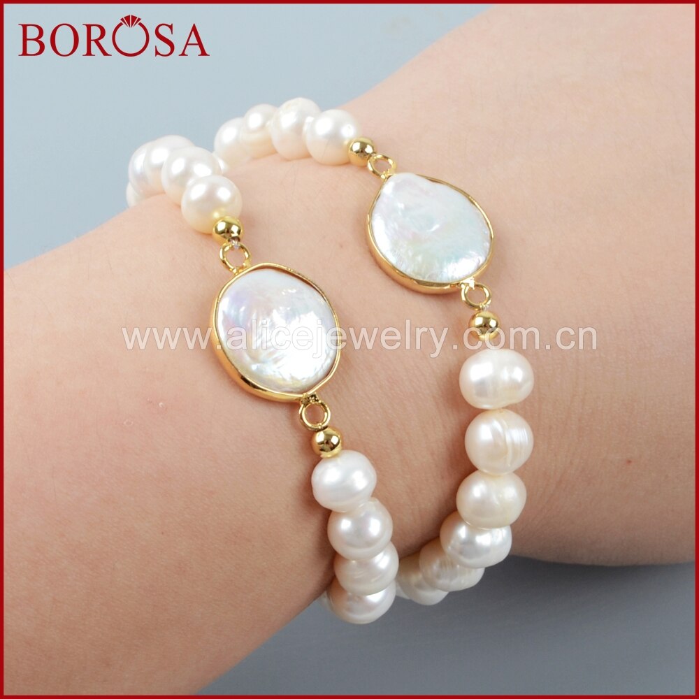 Borosa Handgemaakte Goud Kleur Natuurlijke Parel Kralen Armband Voor Vrouwen Meisjes Mode Edelstenen Sieraden G1407