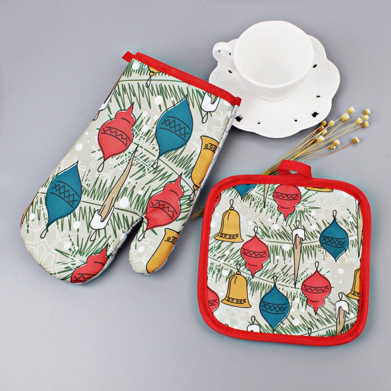 2Pcs/Set Oven Mitts Baking Anti Gloves Non-Slip Cotton Microwave Insulation Mat Christmas Decoration Baking Kitchen Tool