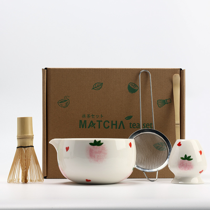 Vintage Matcha Ceramic Set Chawan Bamboo Matcha Whisk Scoop Holder Bamboo Brush Teaspoon and Sieve Matcha Teaset Giftbox: army green