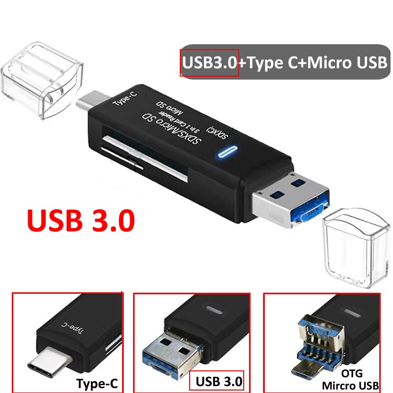 Usb 3.0 hub sd-kaartlezer micro usb type c-kaartlezer lector sd-geheugenkaartlezer voor micro sd tf usb type c otg-kaartlezers: Usb 3.0 3 in 1