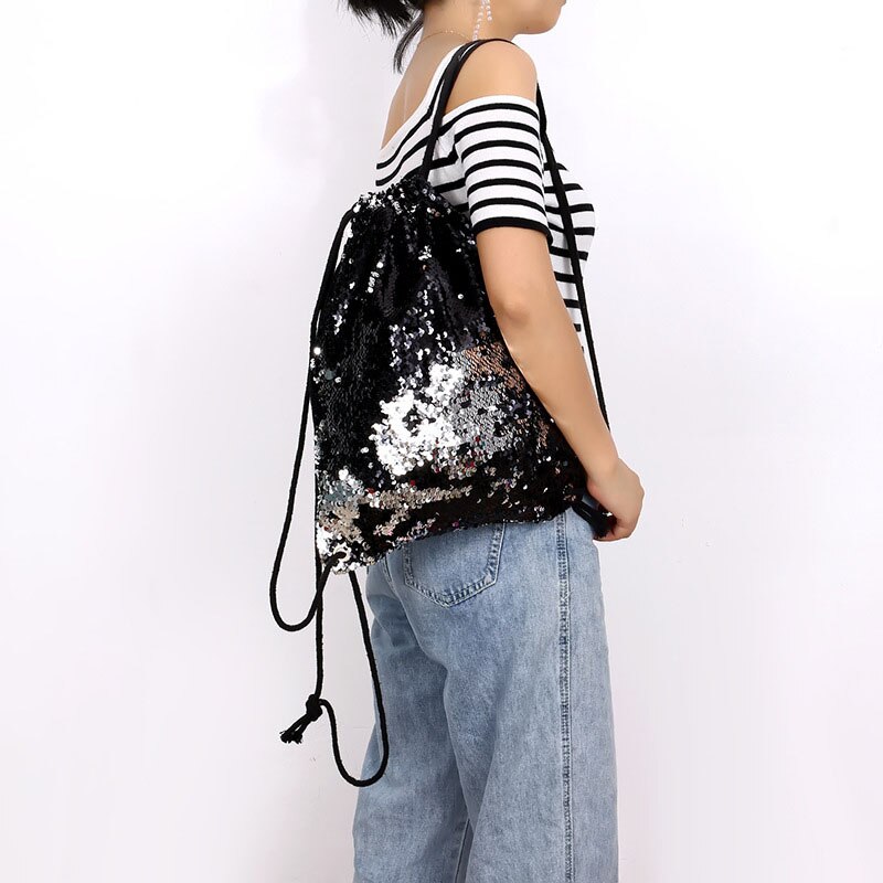 Sequin Drawstring Bags Reversible Sequin Backpack Glittering Shoulder Bags for Girls Women SUB: Black