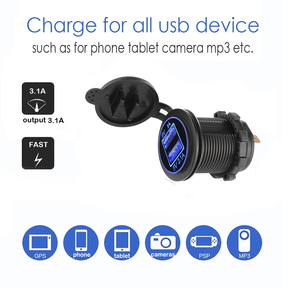 12V-24V Car USB Charger 3.1A for Motorcycle Auto Truck ATV Boat LED Light Dual USB Socket Charger Power Adapter Outlet Power