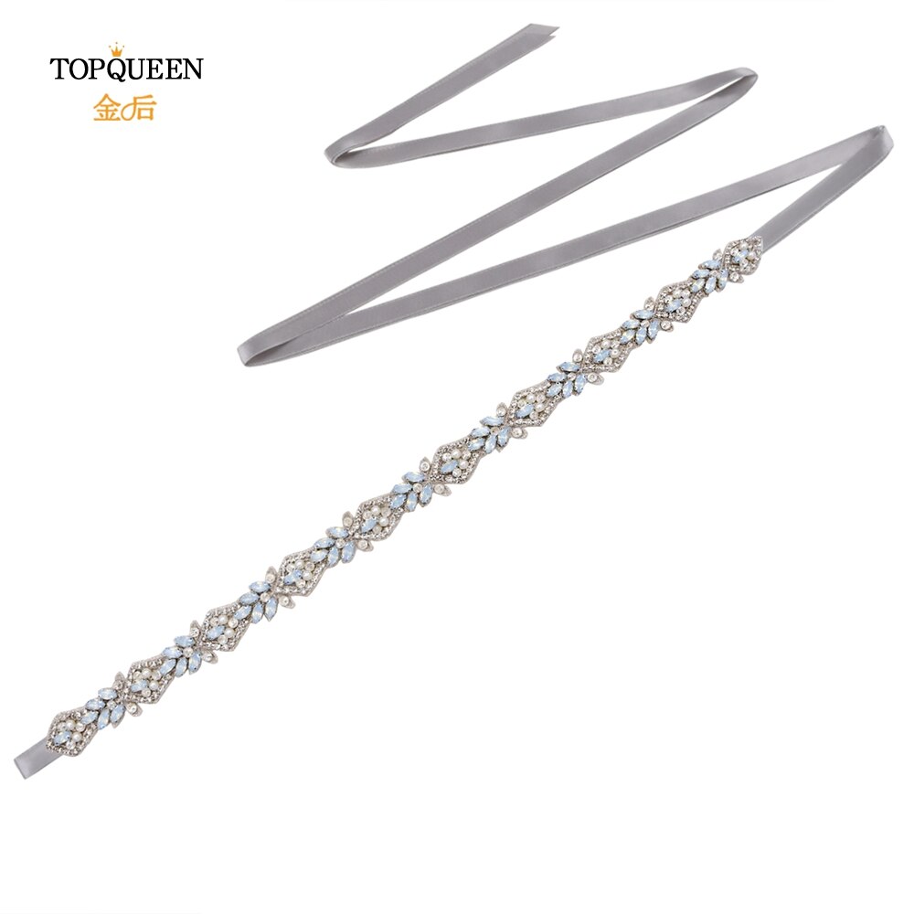 TOPQUEEN-cinturones de novia S485, apliques de cristal de para cinturones de novia, cinturón para vestido de bodas con diamantes de imitación, Ópalo: gray ribbon