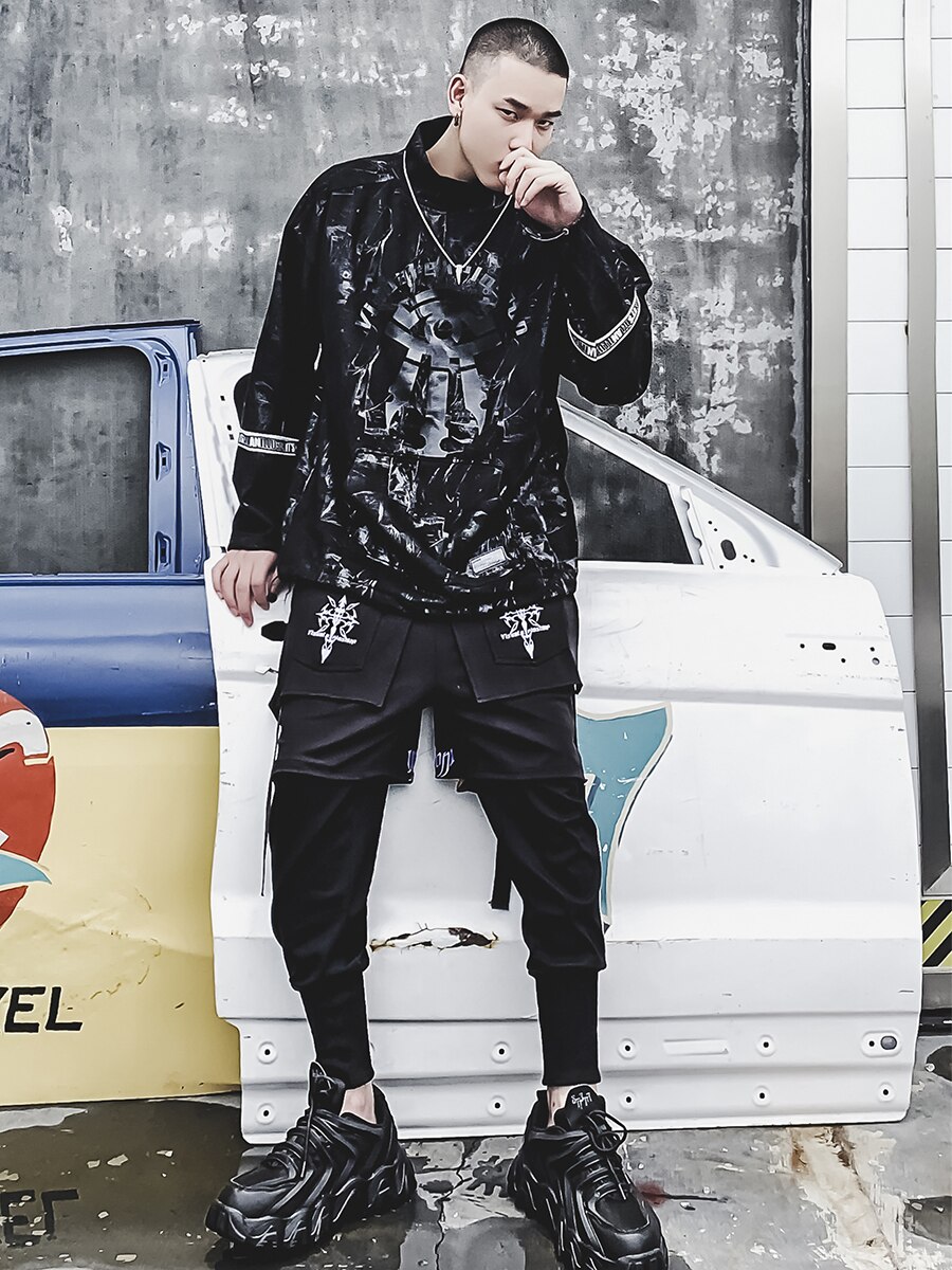 Joggers Hip Hop pantalones de carga cinta de retazos suelto ropa de calle con cintura elástica Harajuku pantalones función Otoño de