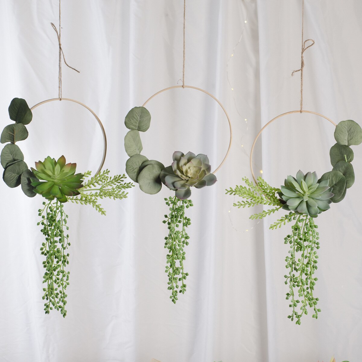 Cilected Artificial Succulent Hanging Plants Decor Wedding Wreath With Drooping Leaves Bamboo Hoop Garland For Wall Decoration