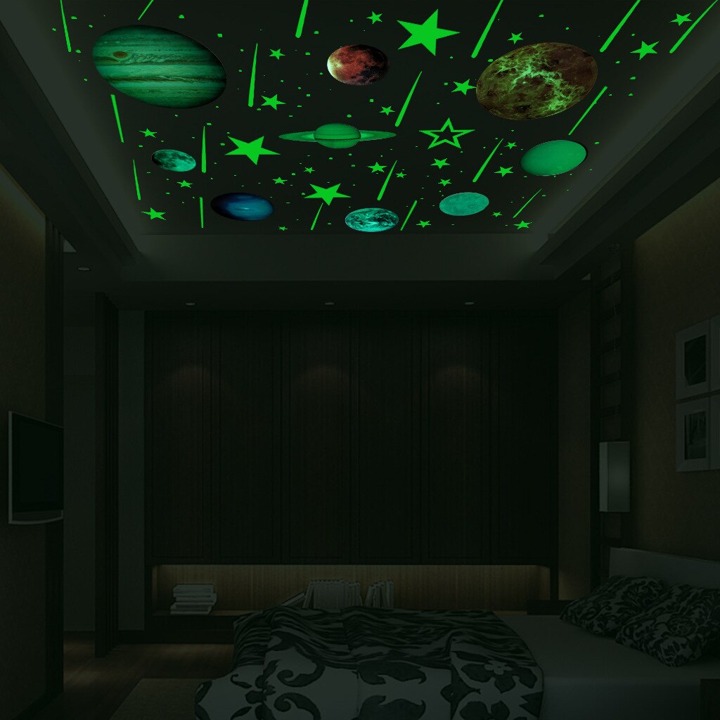 Pegatinas de pared que brillan en la oscuridad de estrellas, planetas, puntos luminosos, estrellas y luna, decoración para dormitorio de bebés y niños, calcomanías de pared de techo