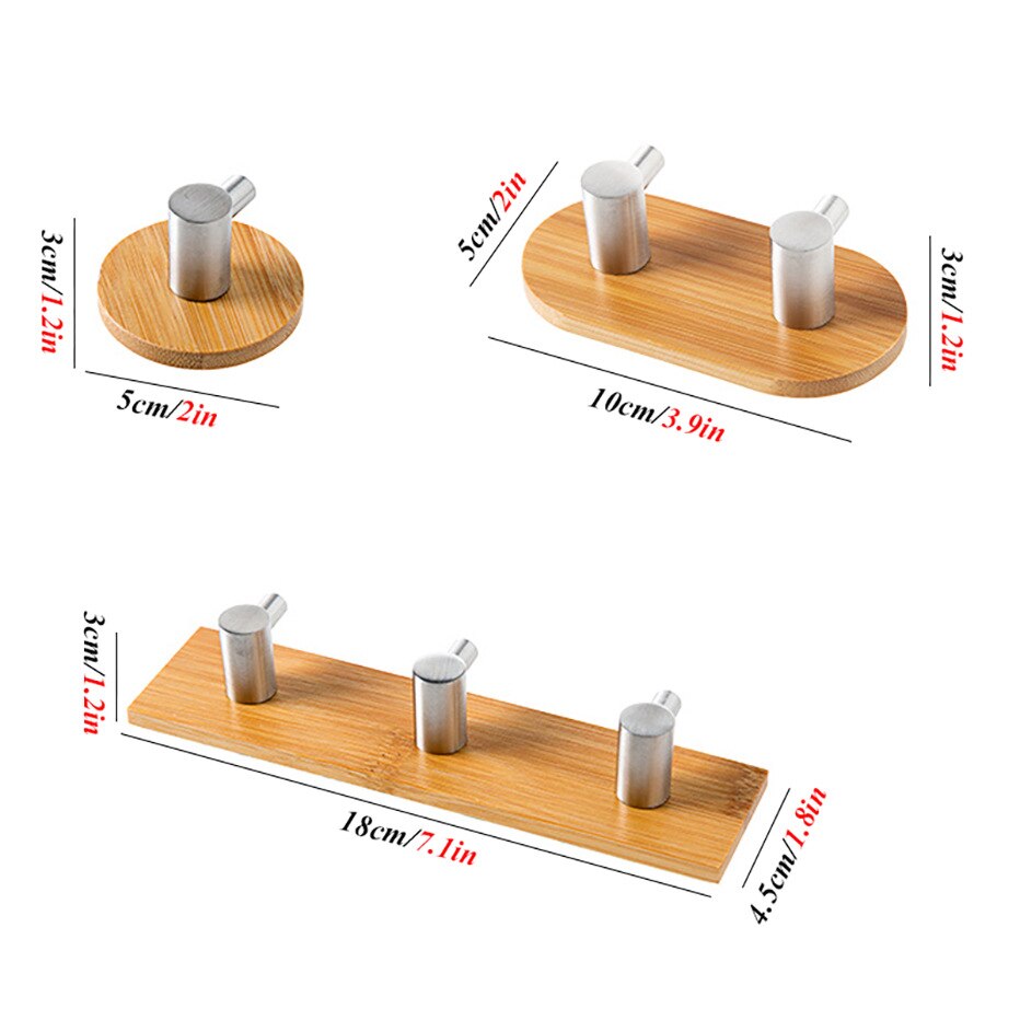 1/2/3 Row Stainless Steel Bamboo Key Hooks Seamless Adhesive Hook Kitchen Bathroom Door Coat Hangers