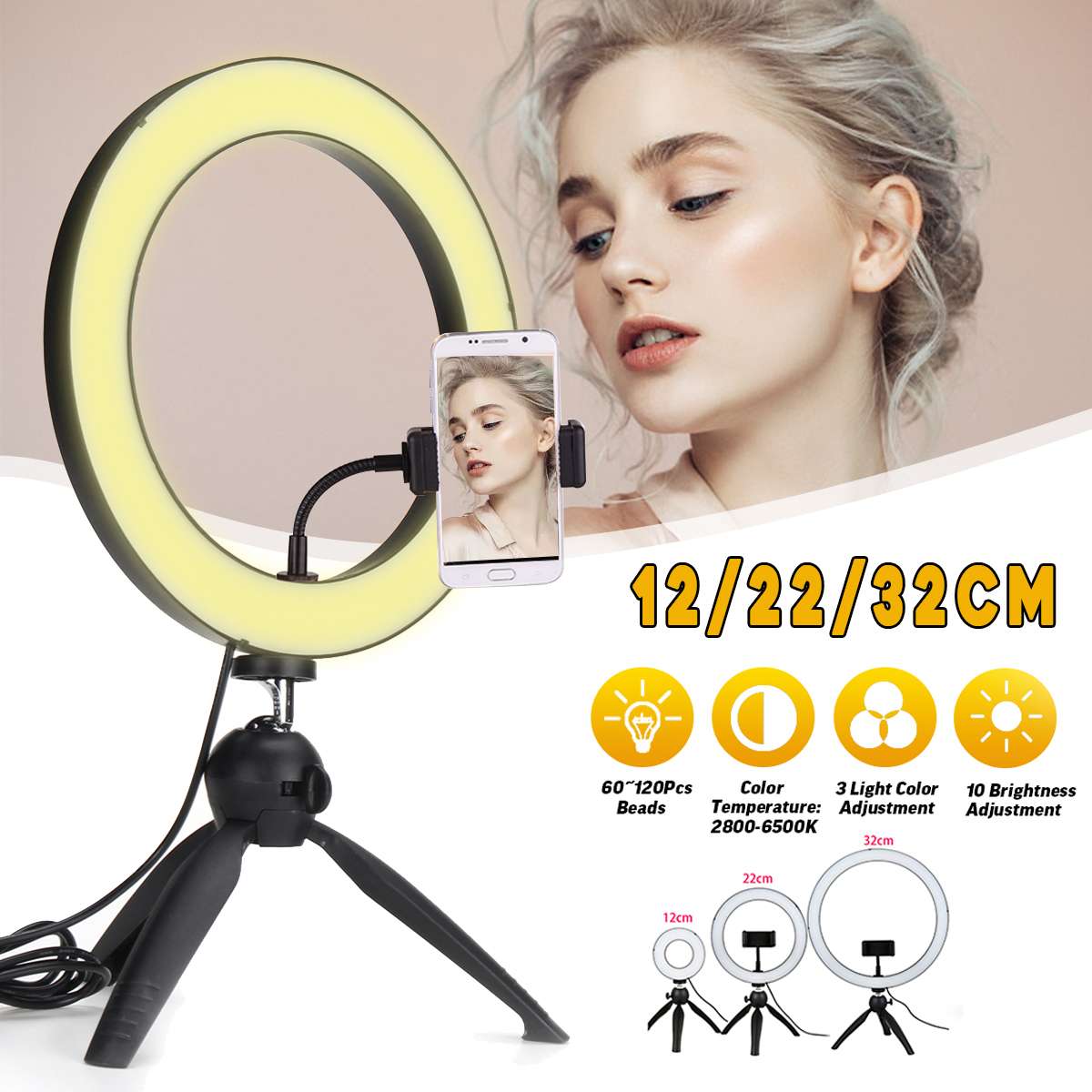 12/22/32cm Ring Light LED Dimmable Lamp Photography Selfie Photo Studio Makeup Ring Lights Multi-Functions Video Live Lamp