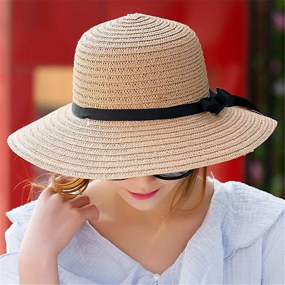 Hat floppy foldbar dame damer strå strandsol sommerhat beige bred skygge