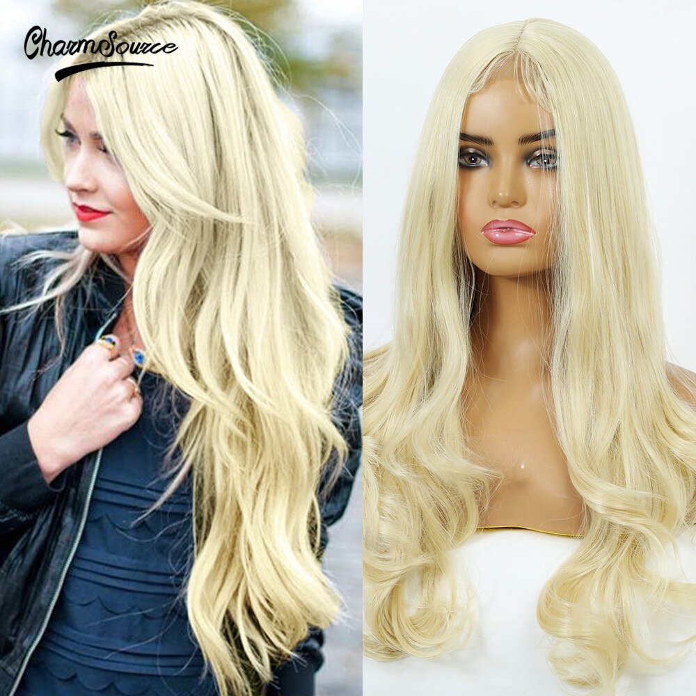 CharmSource Long Natural Wavy Lace Part Synthetic Wigs Light White Blonde for Women Daily Hair High Density Heat Resistant Wig: BL66040-9
