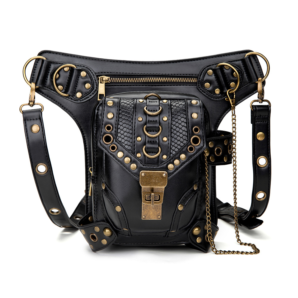 OMIKRON PU Lederen Steampunk Retro Taille Tas voor Vrouwen Mannen multifunctionele Zwart Reizen Motorfiets Crossbody Borst Fanny pack