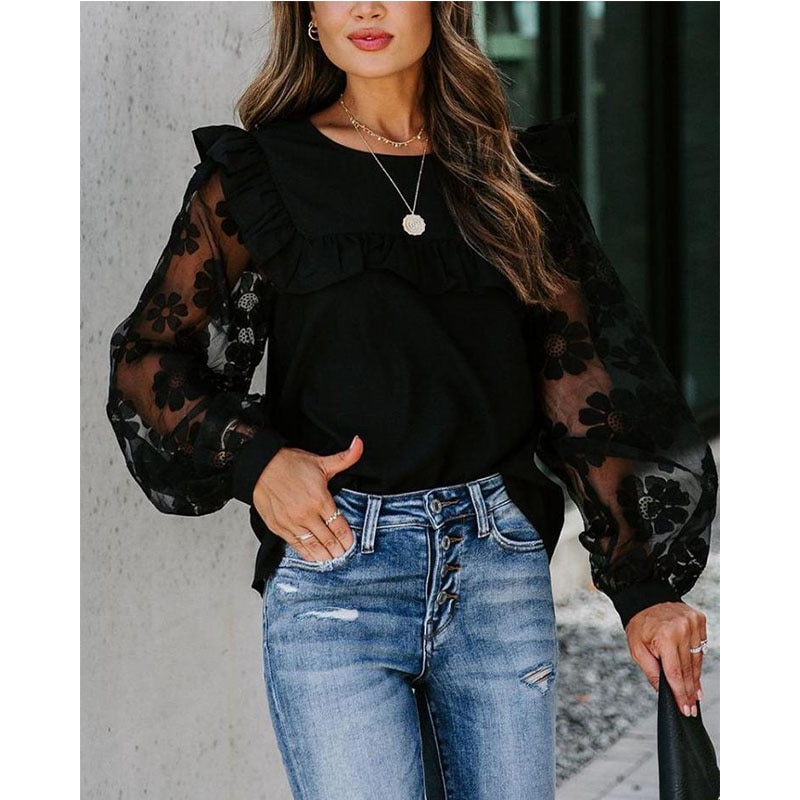Vrouw Elegante Mesh Patchwork Blouse Lange Mouwen Blouse Zwart Kant Transparante Bloem Lantaarn Mouw Trui Streetwear Shirts