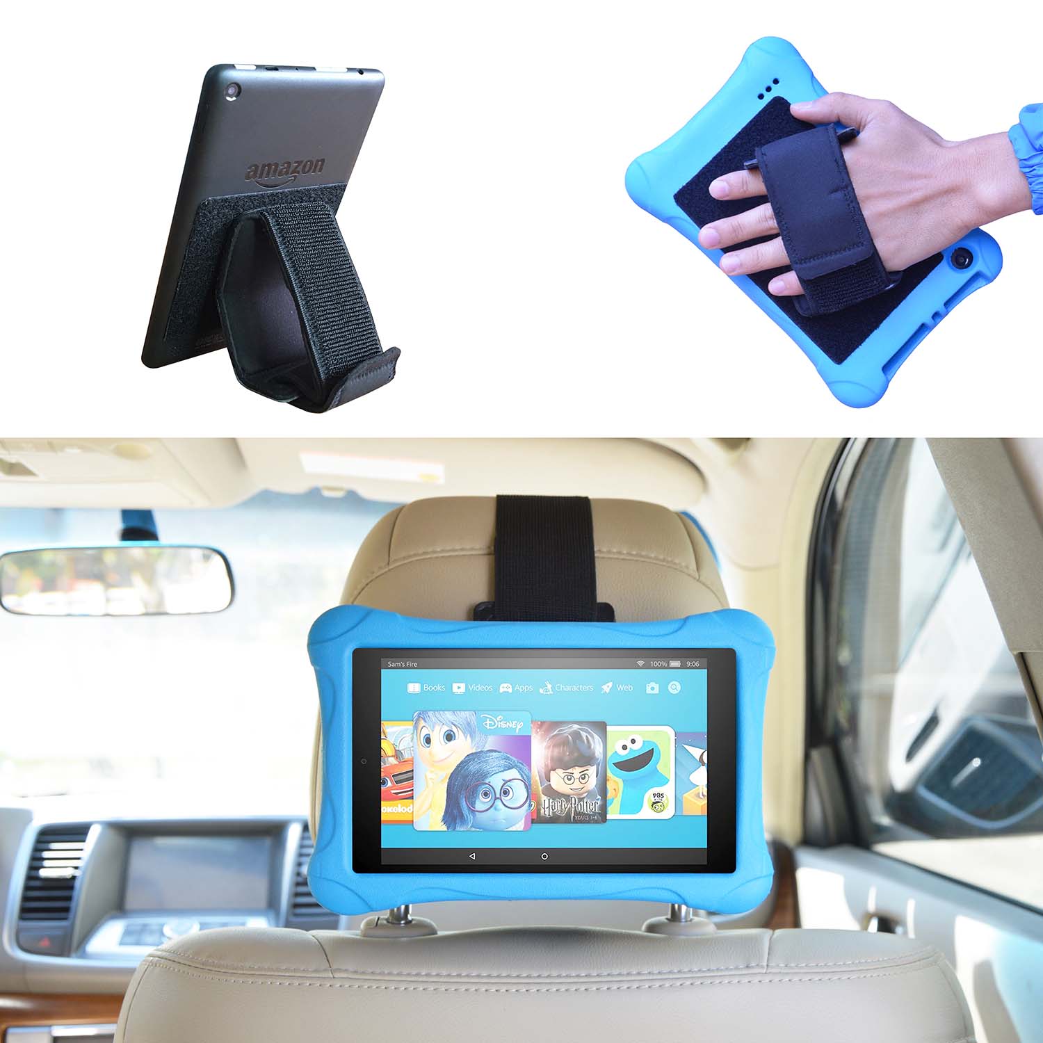 Support 3 en 1 avec dragonne à main support de siège auto et tablette 3 en 1, pour tous les Kindle tablettes et liseuse électronique