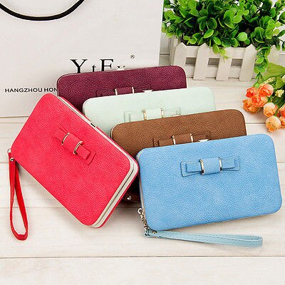 Kvinder bowknot pung lang pung telefon kortholder clutch stor kapacitet lomme kvindelige solid pu tegnebøger