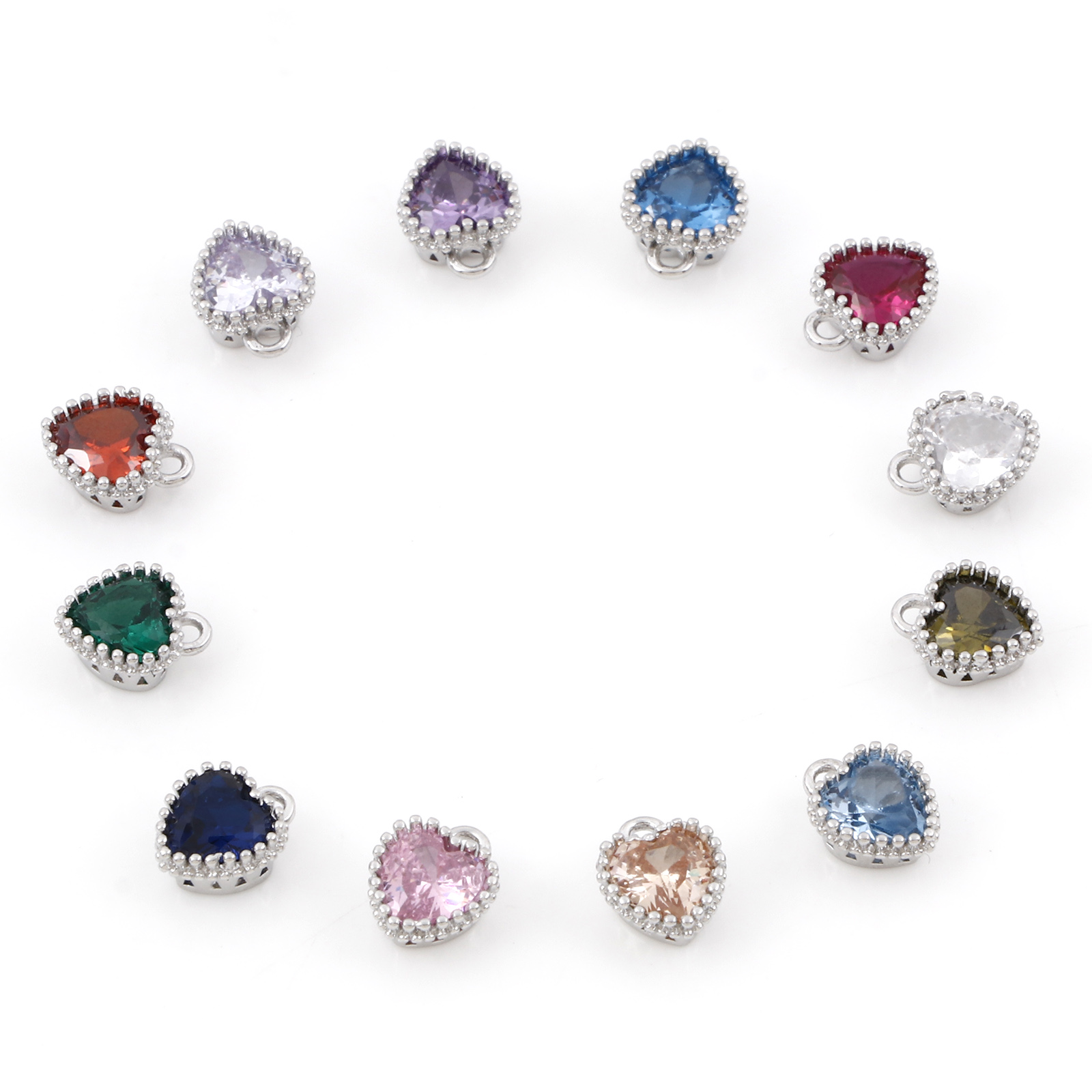 Abalorios de piedra de nacimiento de 2 piezas, 12 colores, corazón, Color plateado, colgantes para collar, pulsera, fabricación de joyas, cuentas de diamantes de imitación Diy, 8x6,5mm