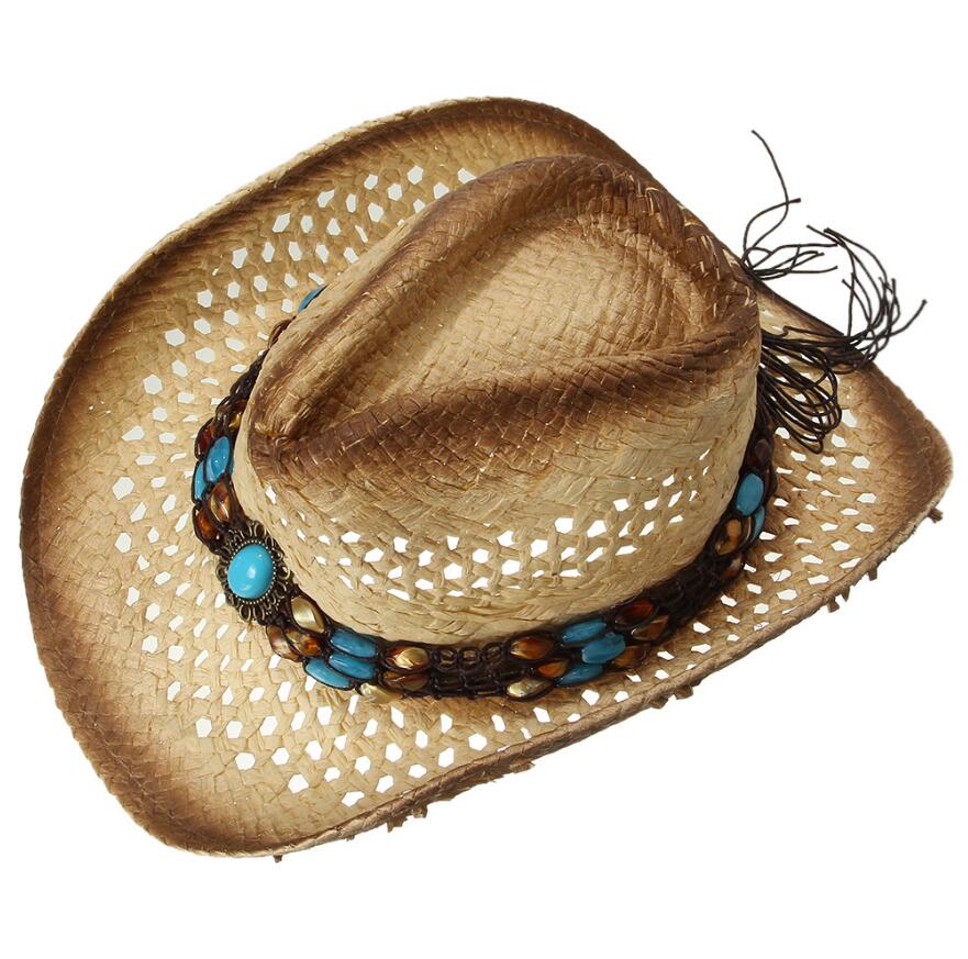 Cowgirl zomerhoed strohoed voor dames riem western cowboyhoed voor heren dames zonnehoed strandpet: Default Title