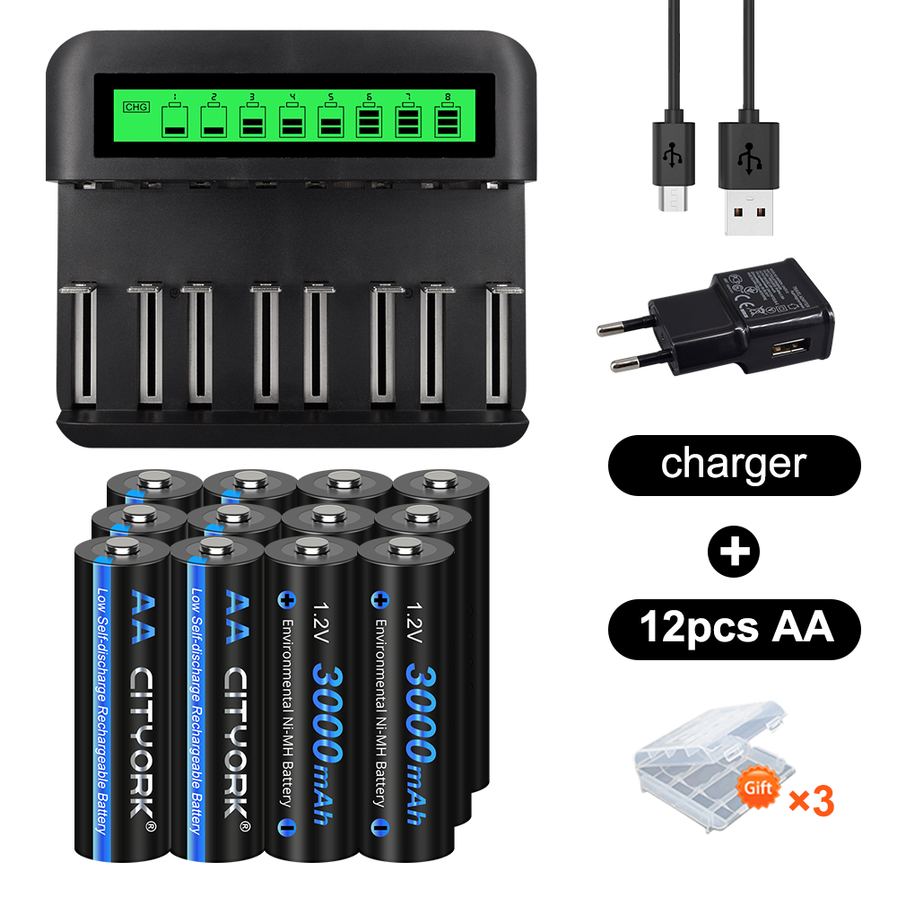 CITYORK AA 1,2 V 3000 mAh nimh oplaadbare batterij aa-batterijen + batterijlader voor 1,2 V AA/AAA C/D oplaadbare batterij: Black