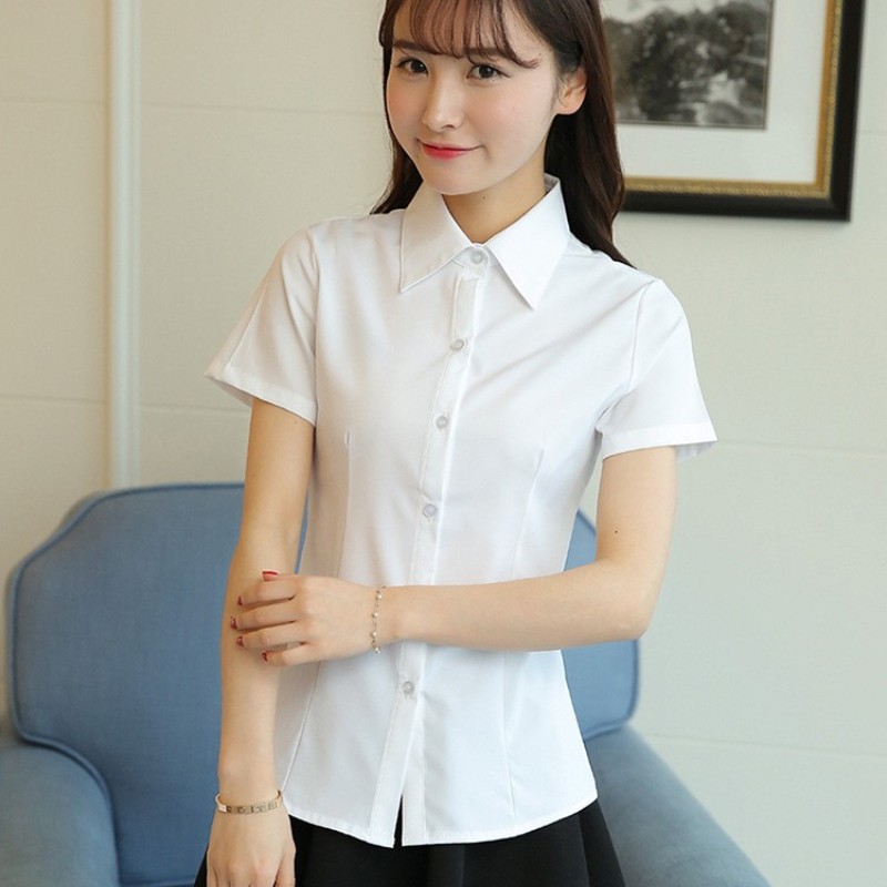 Camisa blanca de coreana para mujer, blusa de manga corta de otoño, Tops ajustados para oficina para mujer, camisa para estudiante de S-5XL, ropa para mujer: 4XL / Blanco