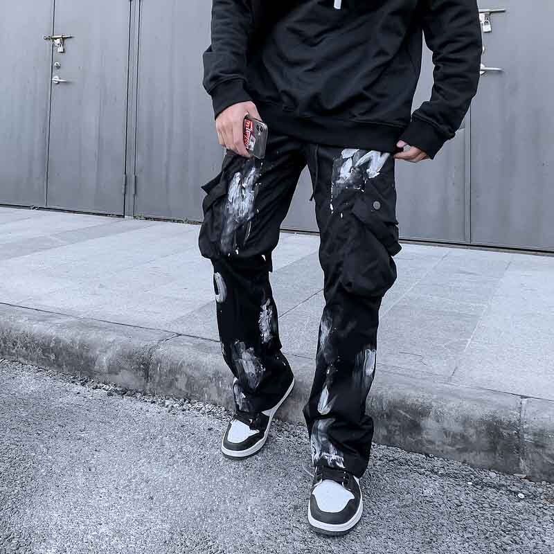 Kiovno Mannen Hip Hop Streetwear Broek Graffiti Gedrukt Broek Mannelijke Brabd Grote Zakken Met Linten