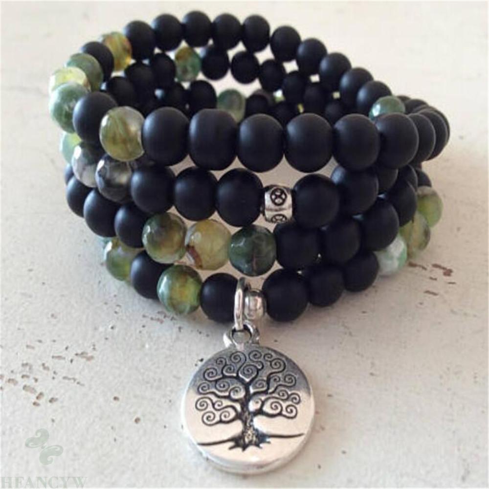 6mm Black Stone Indian Life Tree Pendant Necklace Wrist Meditation Cuff Yoga Bracelet Handmade Chic Bless