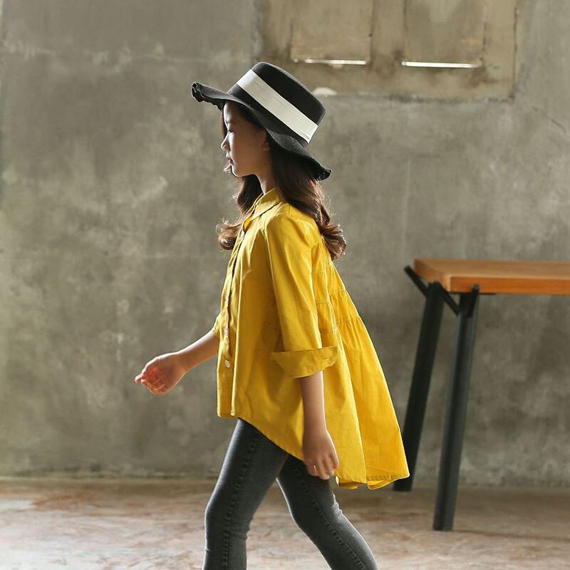 Blouses pour fille retour à l'école enfants vêtements à manches longues col rabattu blanc jaune haut d'automne enfants chemises fille Blouse