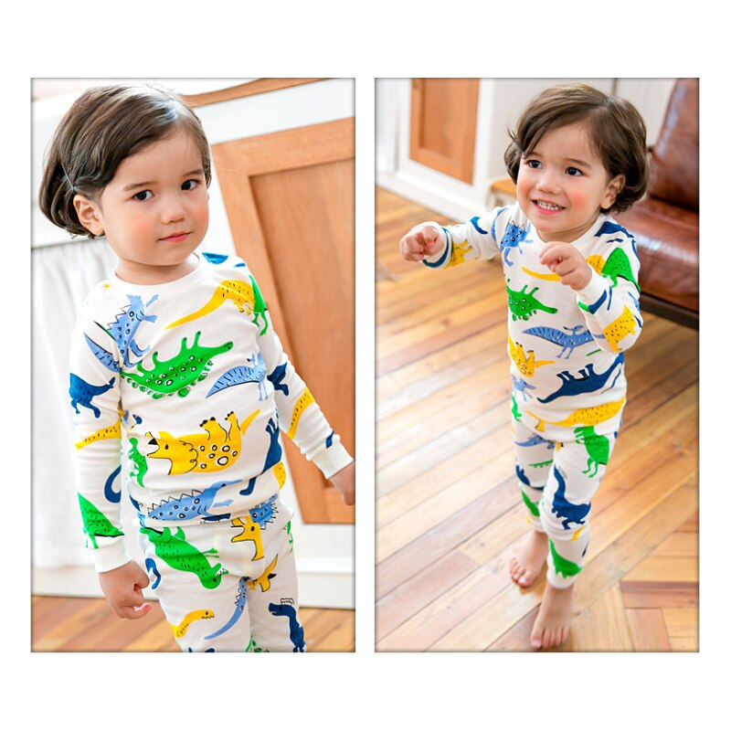 Drenges trykning tegneserie dinosaur børnepyjamas langærmet rund krave afslappet sæt børnetøj undertøj nattøj outfit