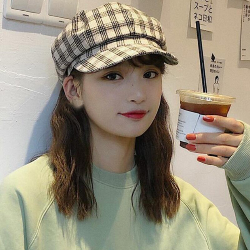HT2612 Spring Autumn Women Hats Vintage Plaid Octagonal Newsboy Cap Retro Ladies Beret Hat Cotton Artist Painter Hat Women Beret