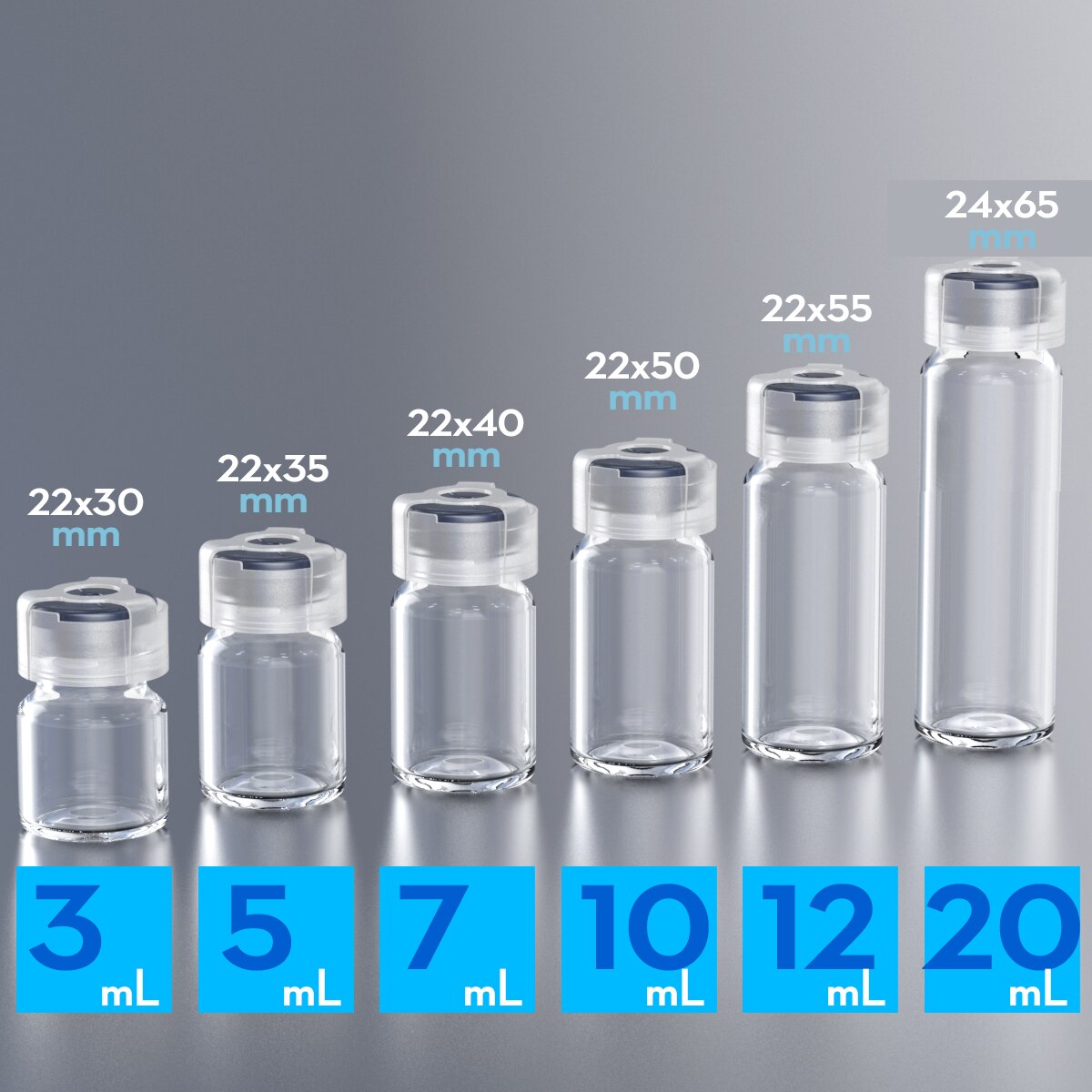 Botella de cristal de penicilina de 3ml, 5ml, 7ml,10ml, 15ml, 20ml,25ml,30ml,50ml, frascos de 100ml,50 Uds.