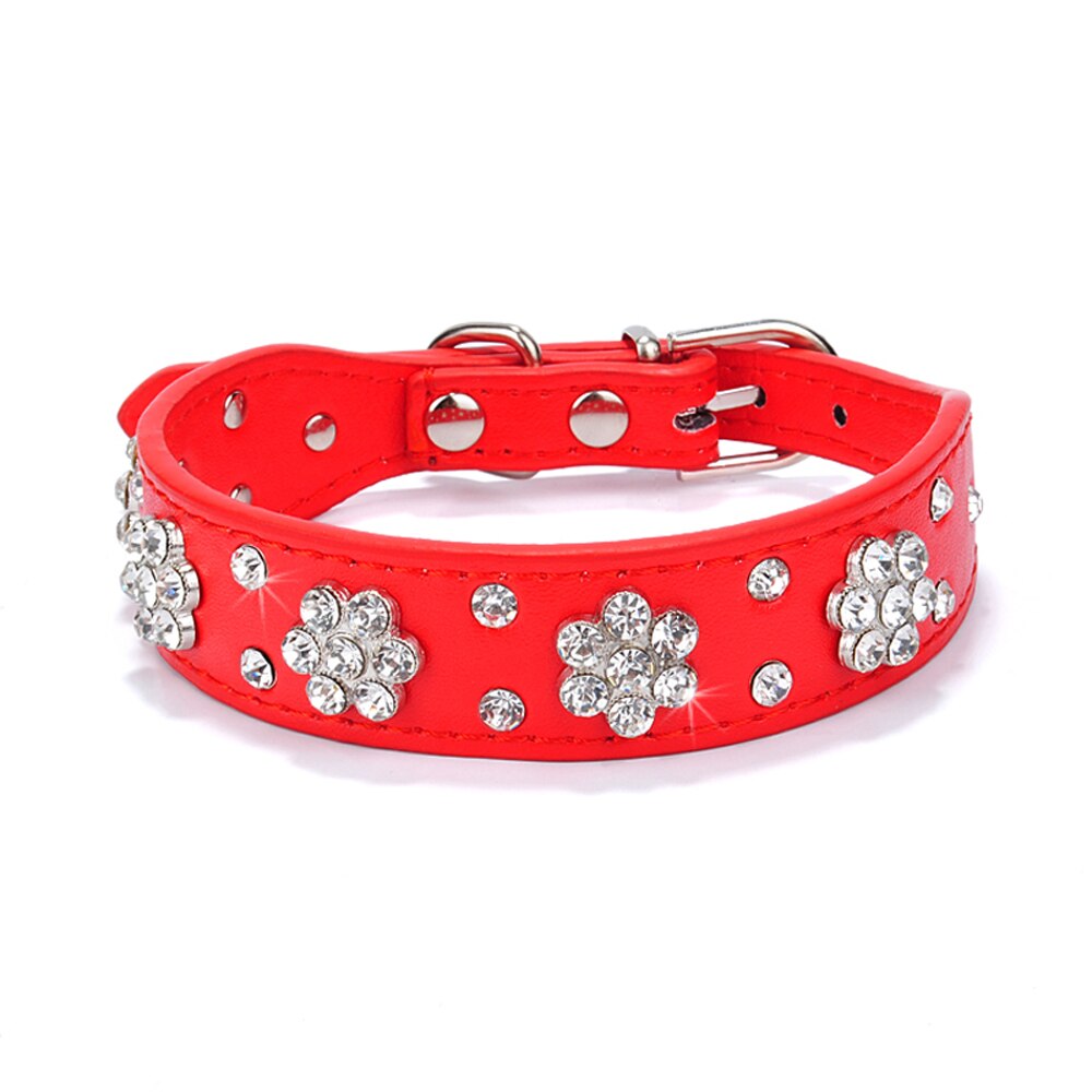 Bling Rhinestone Dog Collars Leather For Small Medium Dogs Adjustable Puppy Dog Chihuahua Collar Crystal Diamante Correa Perro: Red / M