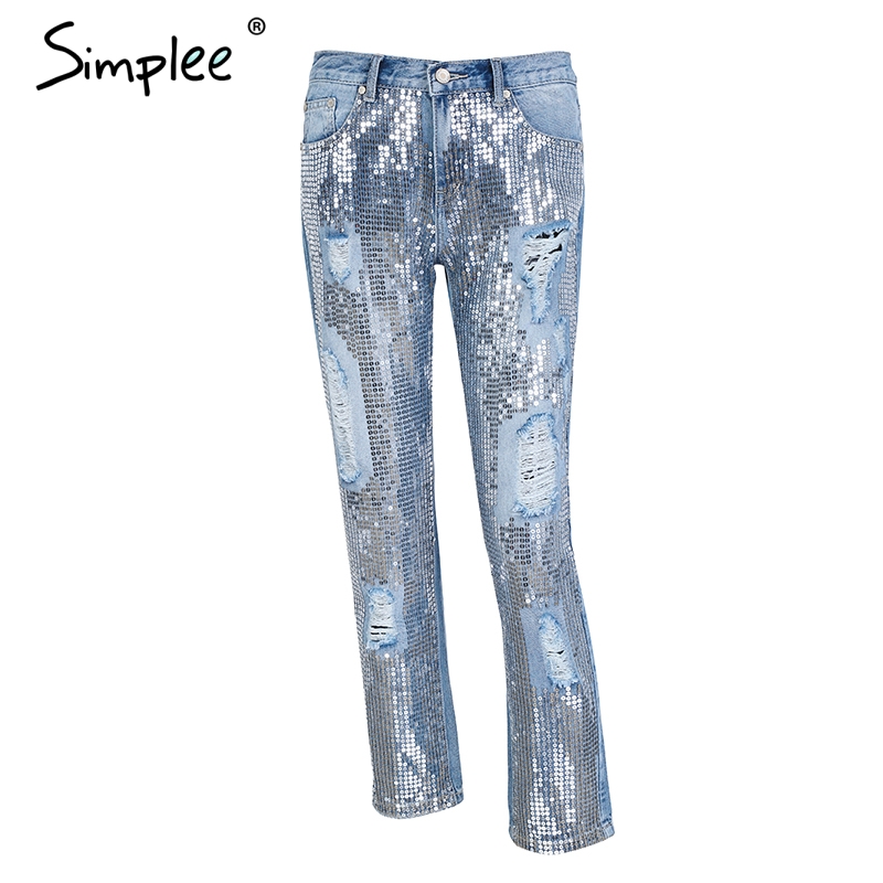 Simplee Sequin trou bleu jean femmes bas Streetwear fermeture éclair frange déchiré jean pantalon printemps pantalon ample femme denim: 36