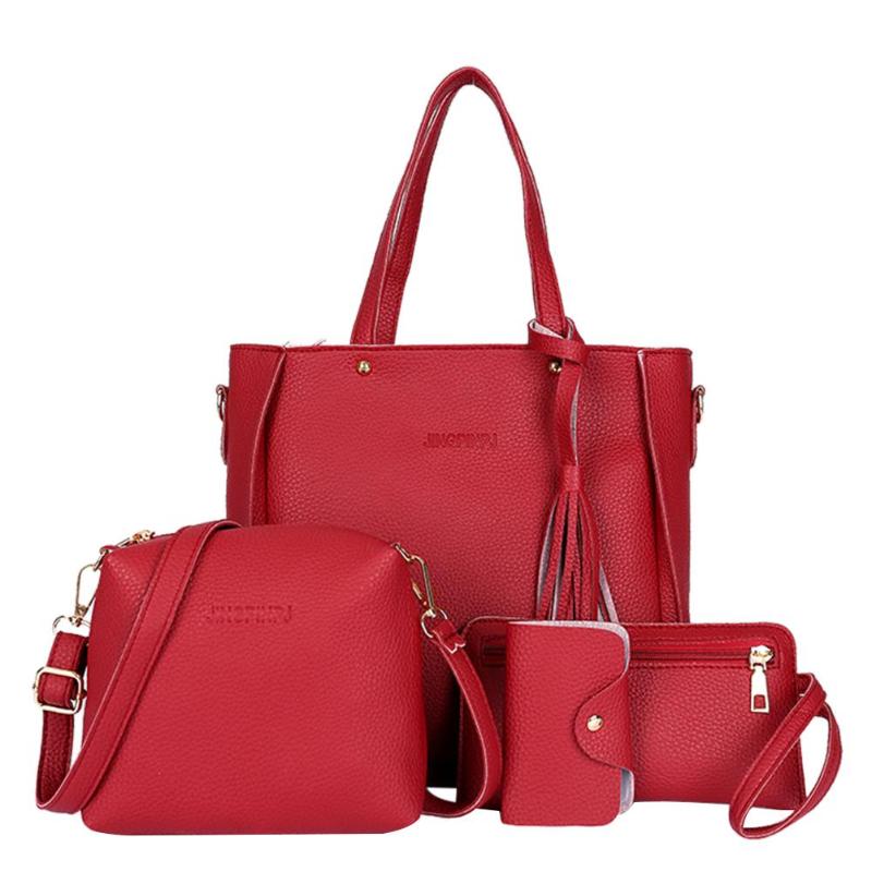 Conjunto de bolsos de hombro con borlas de Lichi para mujer, bandoleras cruzadas de piel sintética con asa superior, estilo informal, a la , 4 unids/set: Rojo