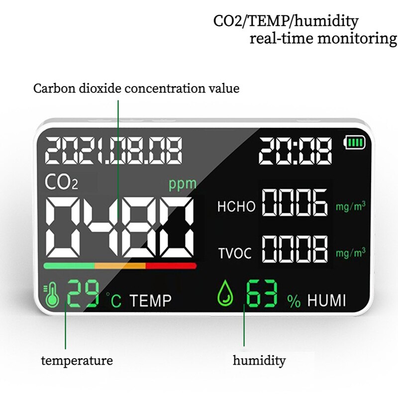 6 IN 1 Air Quality Detector CO2 Meter CO2 Tester Carbon Dioxide TVOC HCHO Temperature Humidity Infrared semiconductor detector