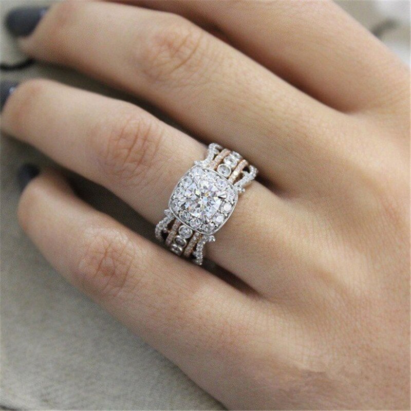 Kristal Zilveren Kleur Trouwringen Voor Vrouwen Met Rose Gold Luxe Full Zirkoon Twee-Tone ring Sieraden