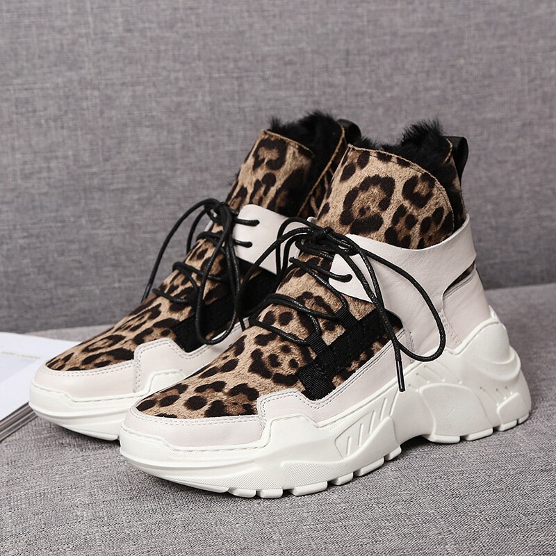 Kvinde sko leopard læder varm plys vinter høj top dame sko snøre chunky platform sneakers ruskind tyk bund sneakers