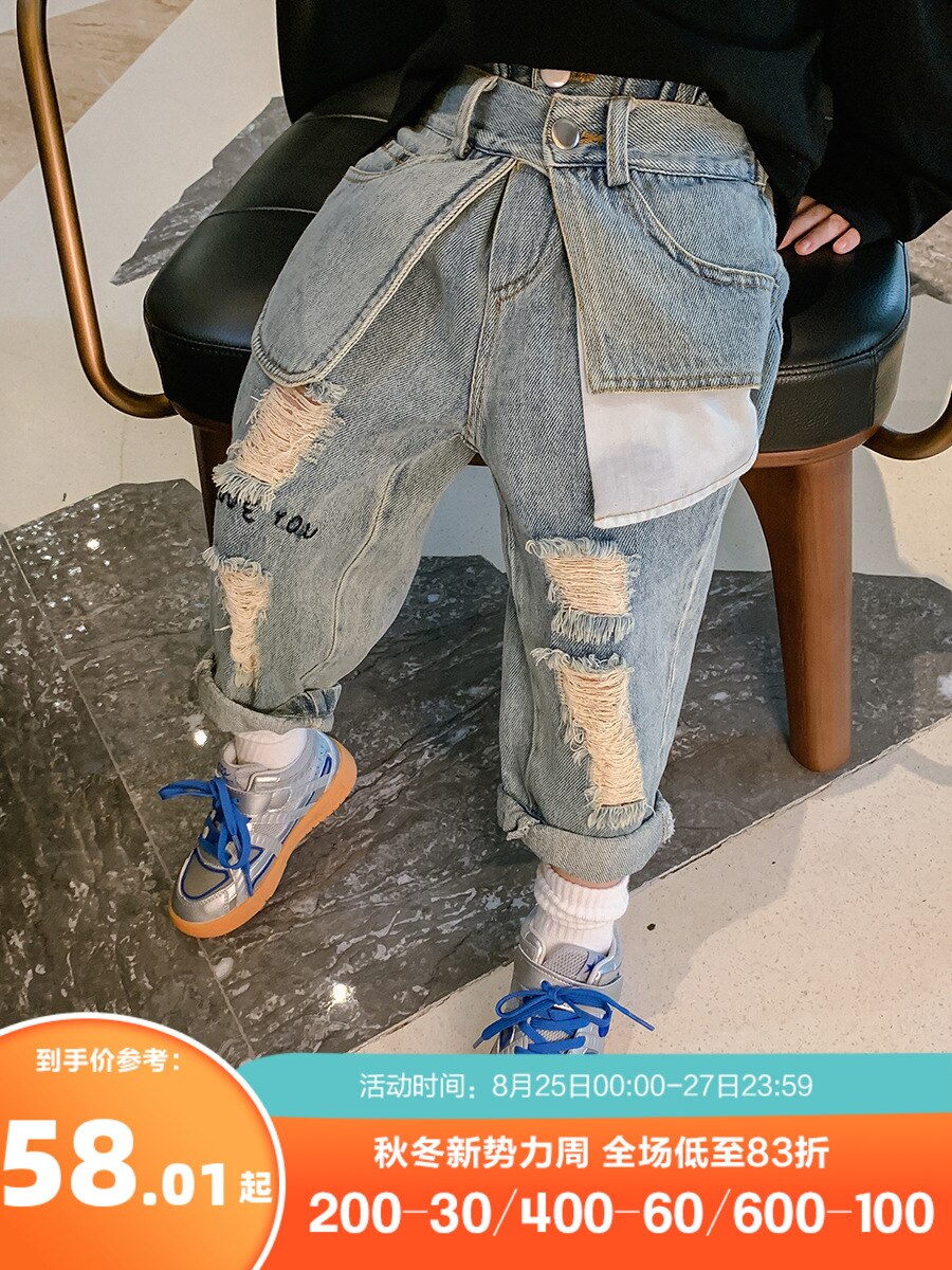 Drenges store lomme flået jeans efterår koreansk stil børns afslappede bukser børnetøj