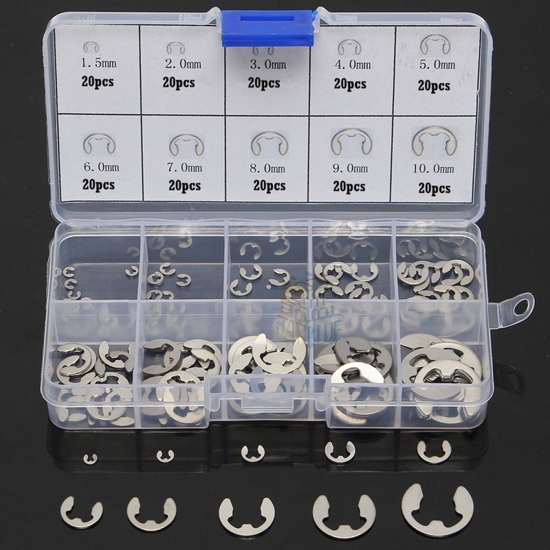 200 PCS 304 Stainless Steel Stainless Steel E Clip washer Assortment Kit Circlip retaining ring for shaft fastener M1.5~M10