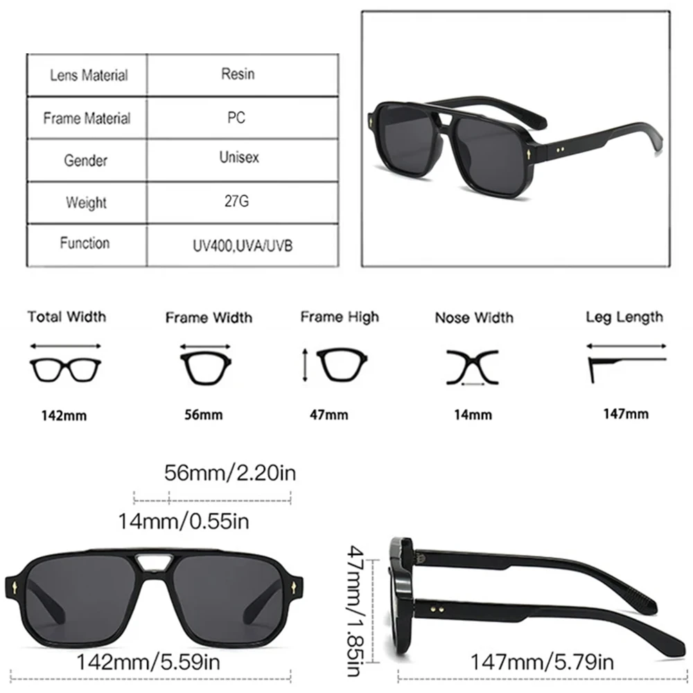 JNPCXI Vintage doble puente hombres gafas de sol cuadradas verde océano lente UV400 gafas mujeres tendencia remaches gafas de sol