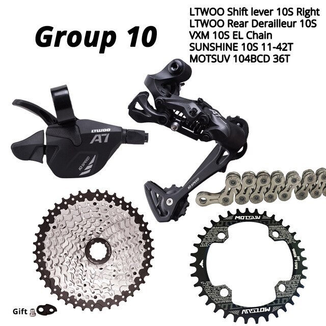 LTWOO A7 1X10S Groupset 10 speed shift lever derailleur SUNSHINE cassette 42T 46T 50T VXM Chain MOTSUV Chainring 32T 34T 36T 38T: 104BCD-36T 11-42T