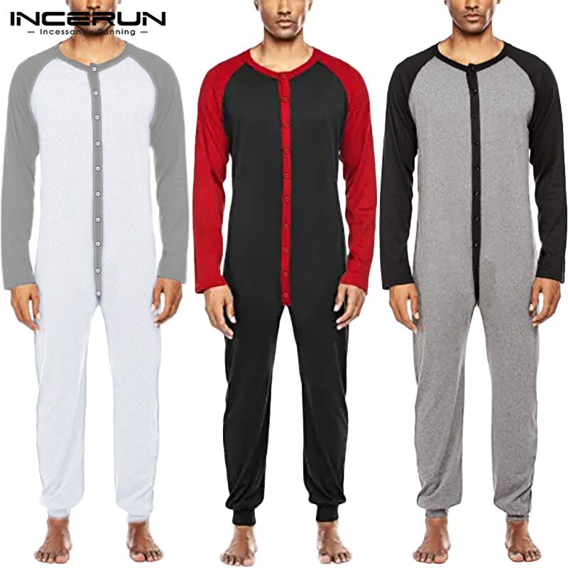Men Pajamas Jumpsuits Patchwork Long Sleeve Homewear O Neck Cozy Rompers Button Up Casual Mens Playsuit Sleepwear S-5XL INCERUN