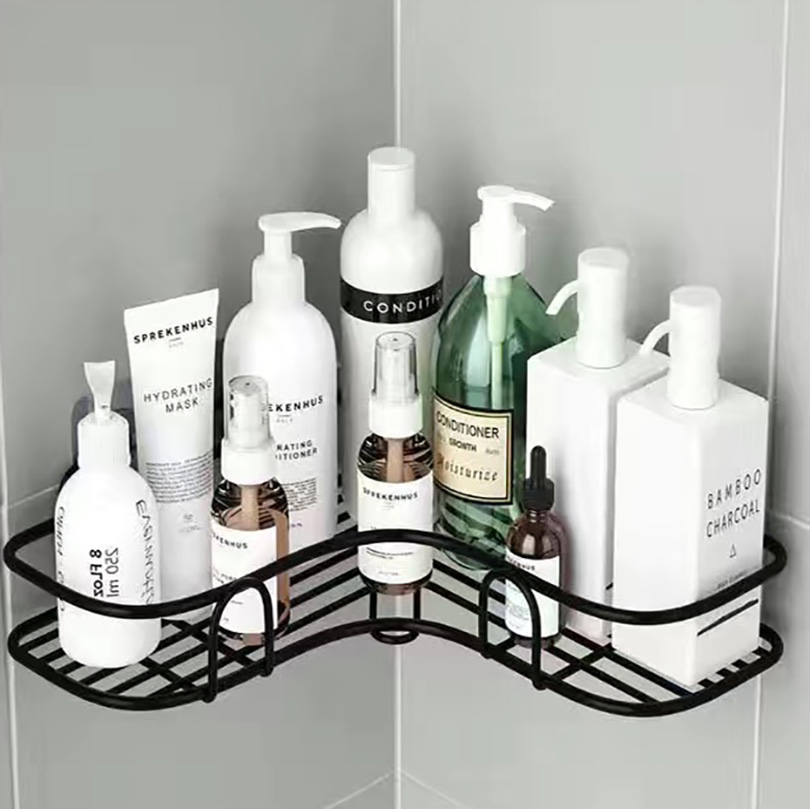 Bathroom Shelf Wall Mounted Corner Storage Shelves Shampoo Holder Iron Shower Drain Basket Bathroom Accessories Organizer: M / Light Grey