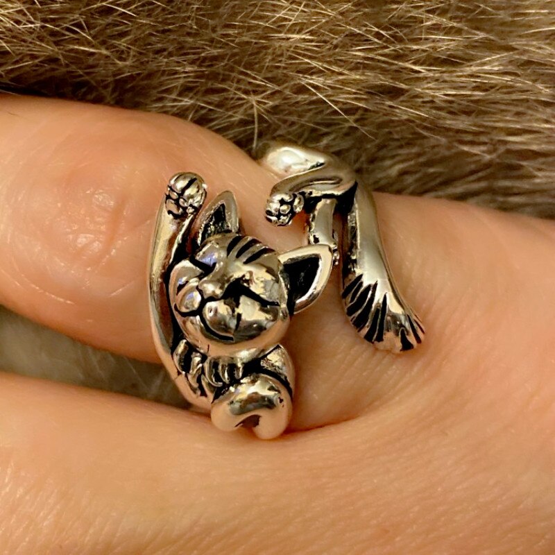 Retro Neutrale Slaap Kat Open Finger Ring Unieke Mode Dier Punk Ring Voor Mannen Vrouwen Verstelbare Vingers Sieraden