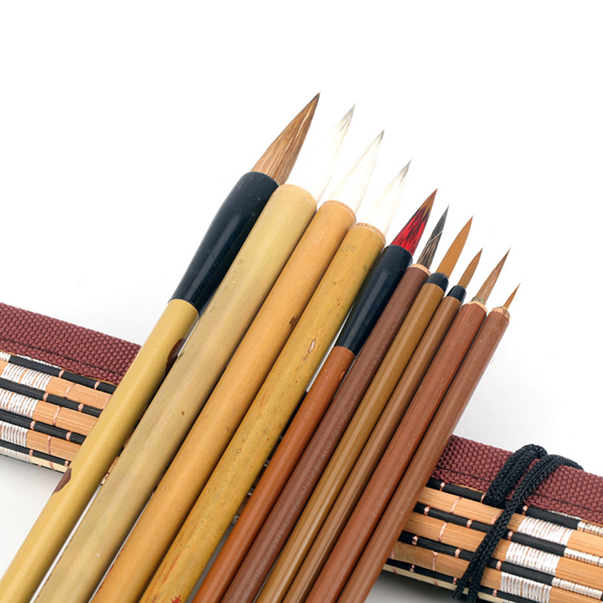10Pcs Chinese Bamboo Calligraphy Brushes With Pen Curtain Set Writing Brush Tool Calligraphy Ink Art Painting Supplies