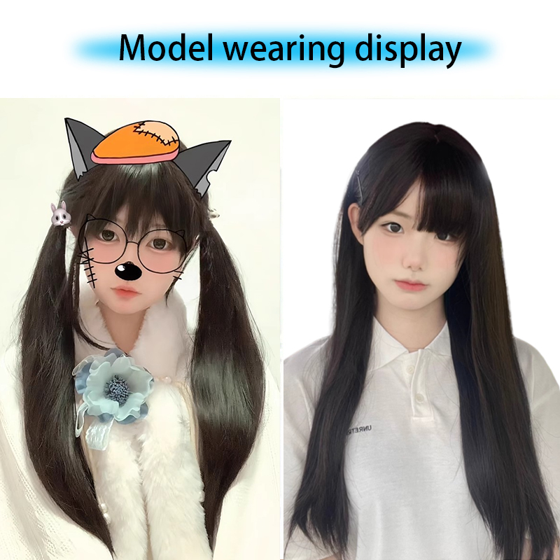 Synthetische 60 cm koreanische schwarze lange glatte Haarperücke synthetische natürliche lange glatte Haare mit Pony Perücke