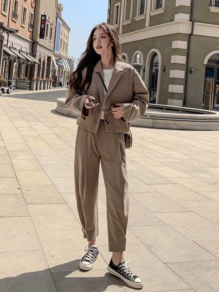 Kvinner 2 -delt sett høst uformelt blazere løs kontor dame forretningsdress kvinnelig koreansk blazer + dressbukse