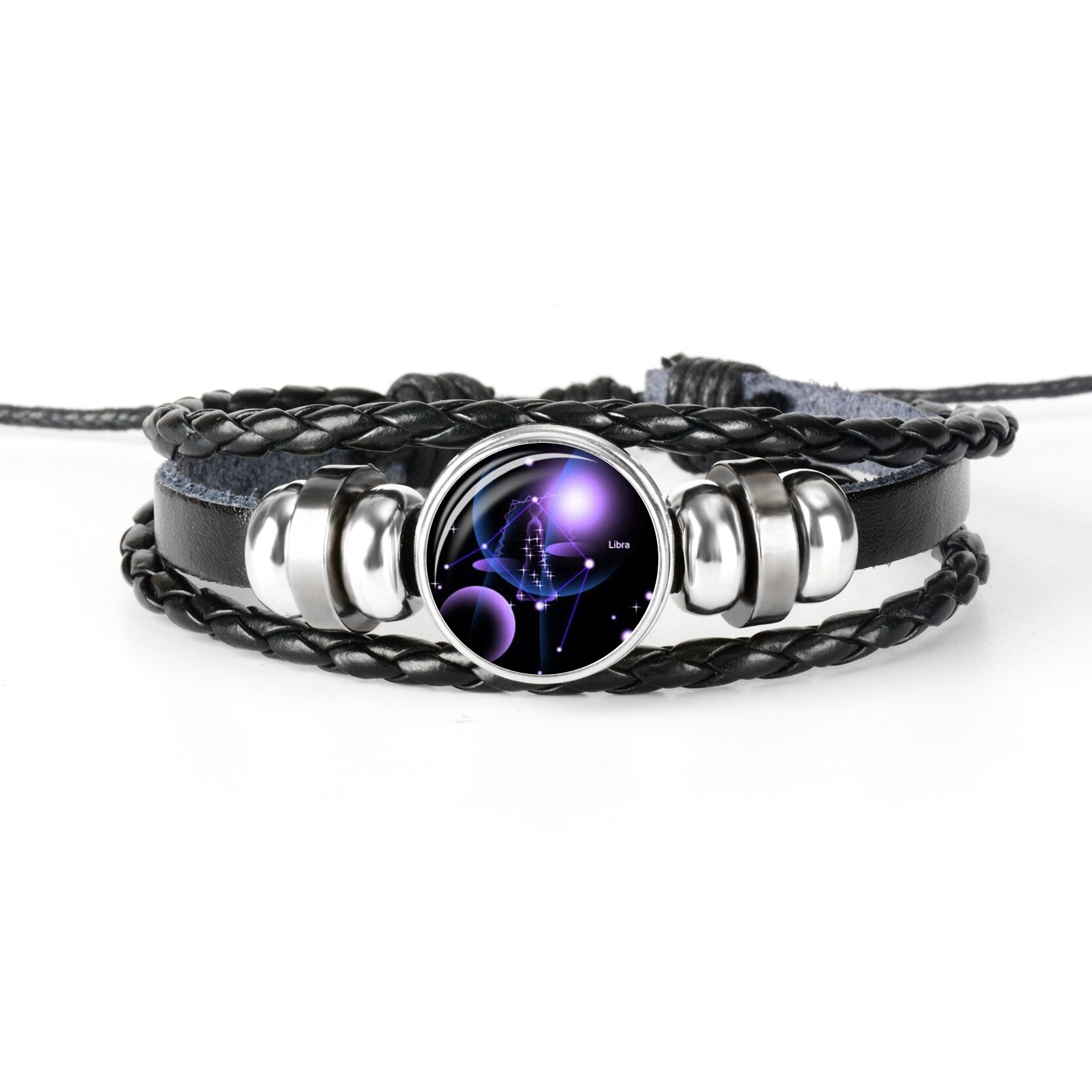 Zodiac Bracelet Charm Diy Jewelry Constellation Glass Metal Buckle Black Multilayer Leather Bracelet Women Men: Libra