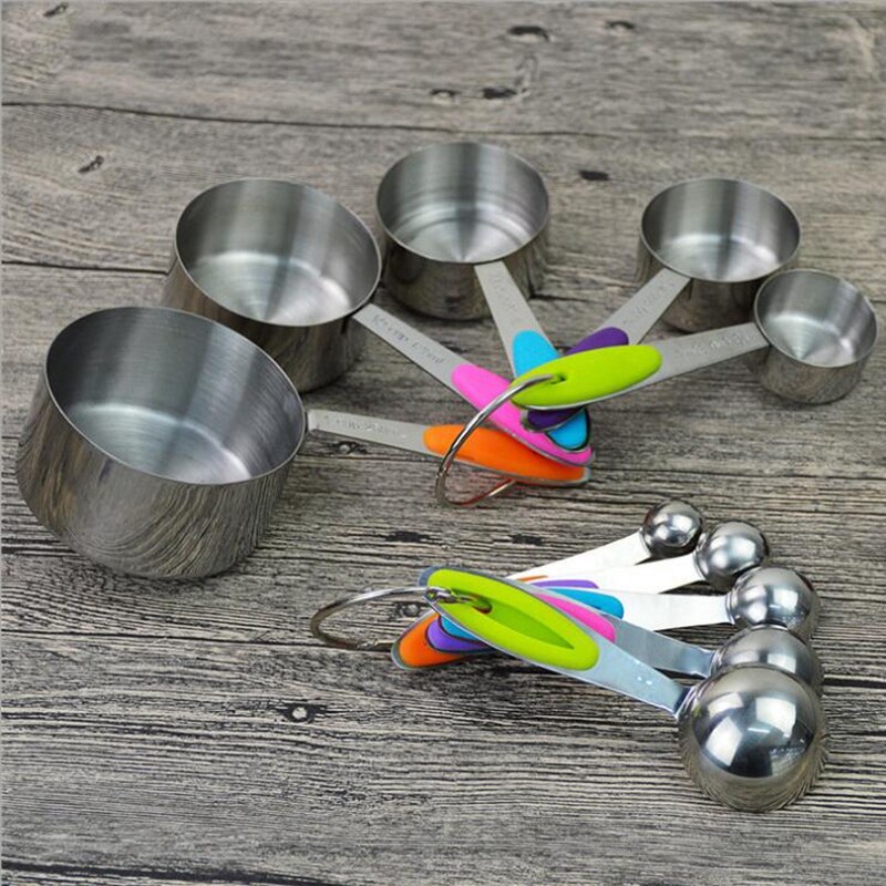 Juego de cuchara medidora de acero inoxidable reutilizable, 1/4, 1/2, 1 Tsp para secado y líquido (5 cucharas + 5 tazas)